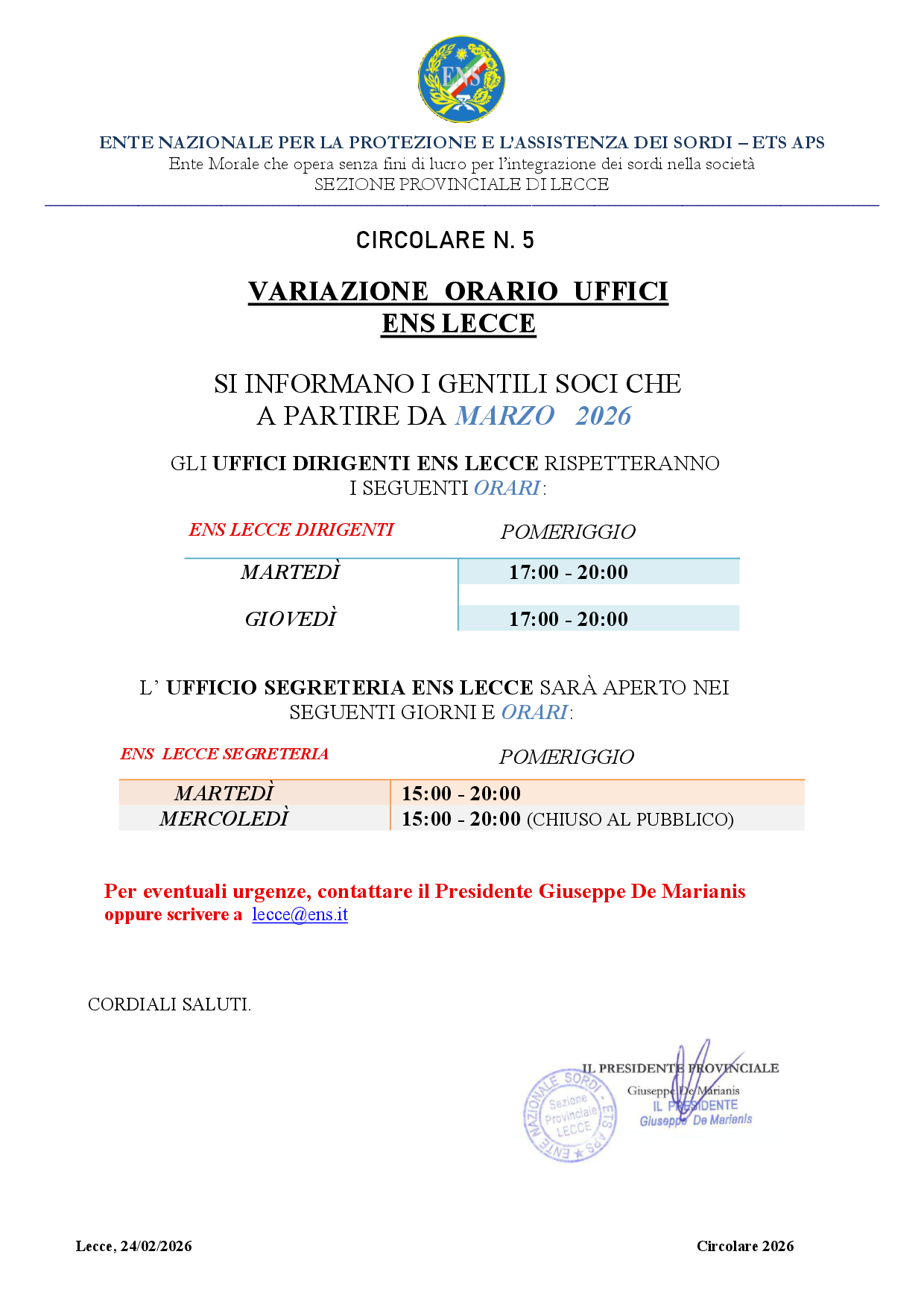 05 CIRCOLARE VARIAZIONE ORARIO UFFICIO SEGRETERIA