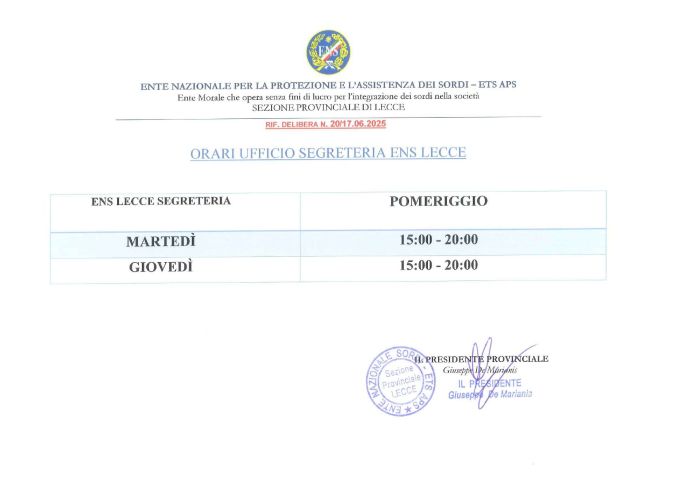 VARIAZIONE ORARIO UFFICI ENS LECCE